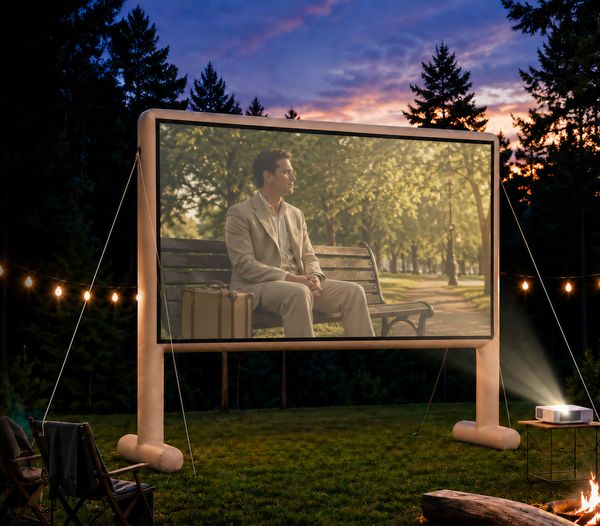 Kino plenerowe – ekran 250 cali i rzutnik 4K w parku o zmierzchu
